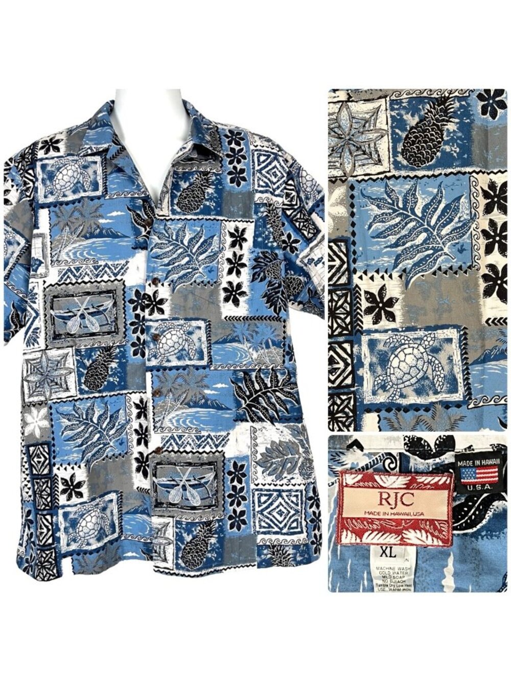 RJC Mens Patchwork Tropical Hawaiian Shirt size XL 49x31 USA Cotton Coco Buttons